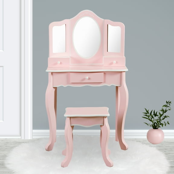 Teamson Kids Vanity Table & Stool Set with Acrylic Tri-Fold Mirror, Pink