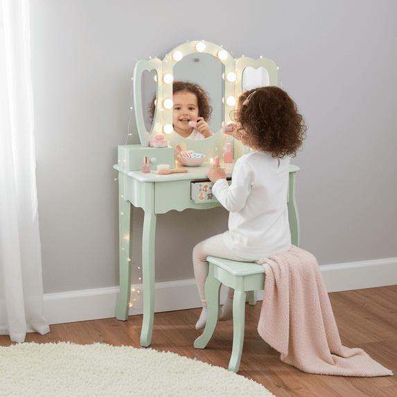 Teamson Kids Heart-Shaped Wooden Vanity Set with LED Lights, Triple Mirror & Storage Drawers, Sage Green