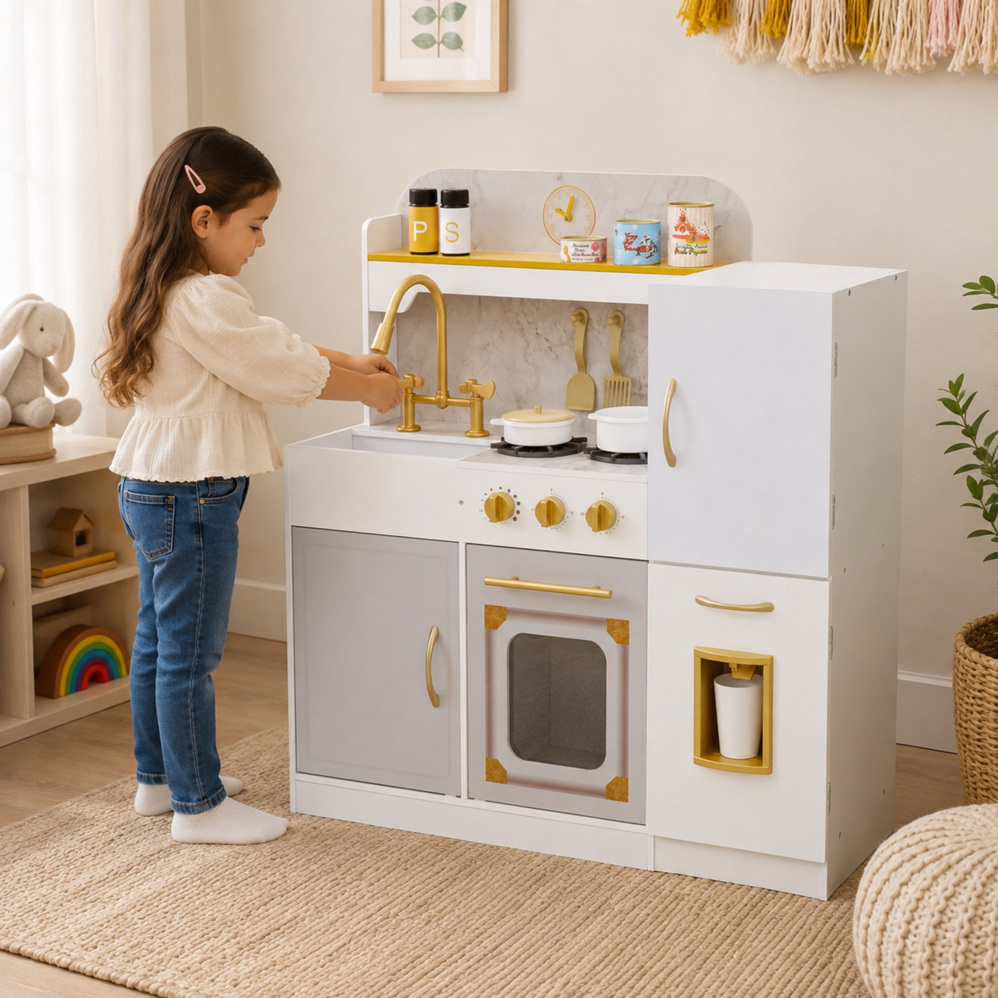 Teamson Kids Play Kitchen Set with Refrigerator, 17 Accessories, Interactive White Pretend Play Wooden Kitchen with Gold Tap - Little Chef Versailles