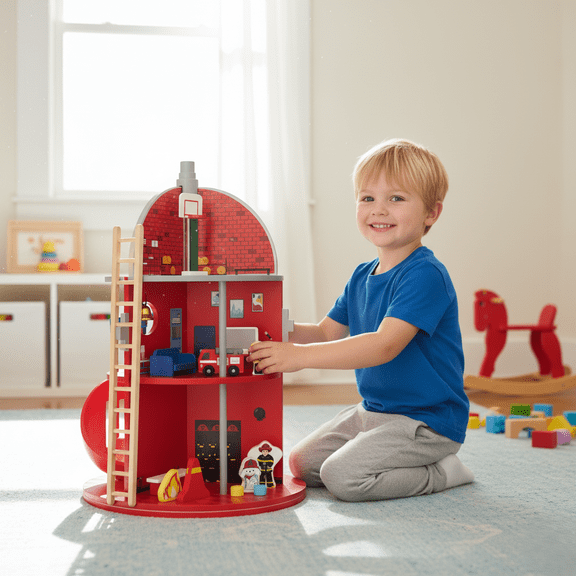Teamson Kids Wooden Fire Station Playset with 24 Figurines, Multi