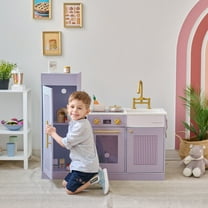 Teamson Kids Wooden Play Kitchen Set with 12 Food Accessories, Pretend Play Kitchen with Fridge, Oven & Storage for Kids Age 3 , Purple