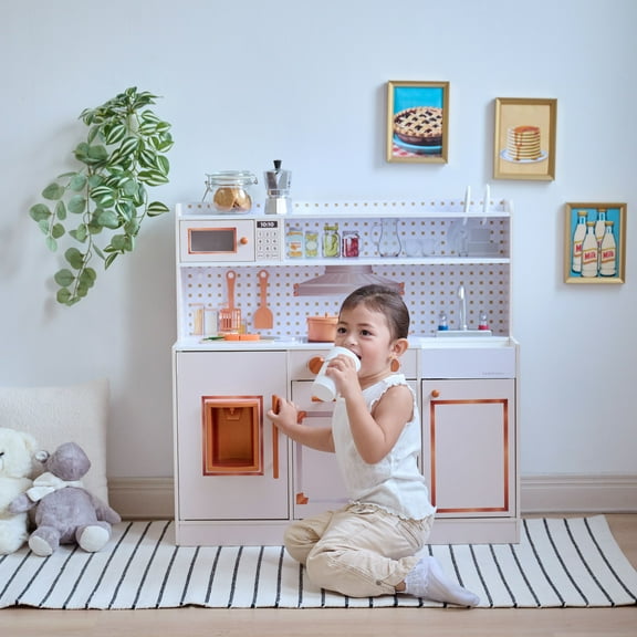 Teamson Kids Wooden Play Kitchen, White Retro Pretend Kitchen Playset with Ice Maker, 15 Accessories, Toy Kitchen for Toddlers Ages 3 