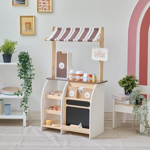 Teamson Kids Wooden Pretend Play Coffee Stand, Interactive Espresso Machine & 29-Piece Caf Playset for Kids 3+, Brown