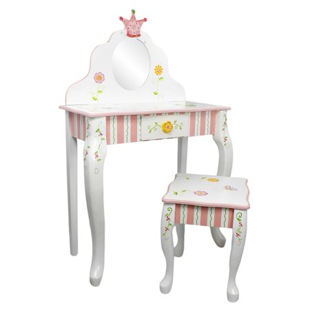 Teamson Wood Finish Kids Vanity Table and Stool Set in Bedroom Princess and Frog