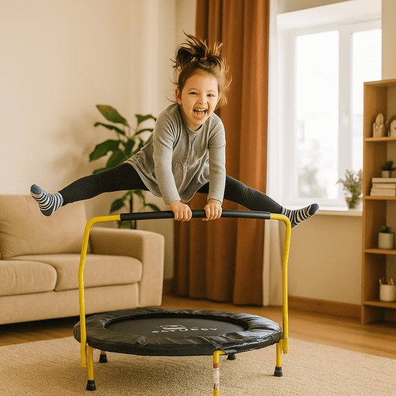 Teamson by Crowntec 36'' Round UV-Resistant Steel Mini Trampoline with Handle & Safety Pad for Kids- Removable Legs, Indoor & Outdoor Use Blue