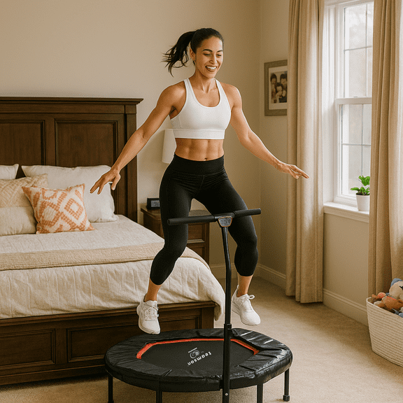 Teamson by Crowntec 50'' Steel Hexagonal Trampoline with HandlebarUV-Resistant, Indoor & Outdoor Fitness Rebounder, Red