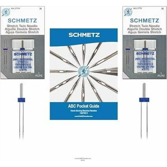 Teamwork SCHMETZ Stretch Twin Sewing Machine Needle Combo Pack (2 Needles Total and 1 SCHMETZ ABC Pocket Guide)