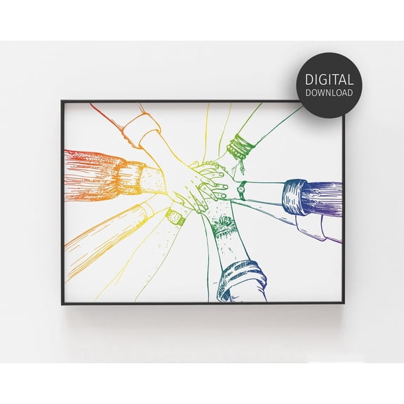 Teamwork Wall Art, Inclusive Office Decor, Motivational Team Poster For Workplace Diversity, Rainbow Hands Poster For Breakroom Home Decor, 24x36 UNFRAMED