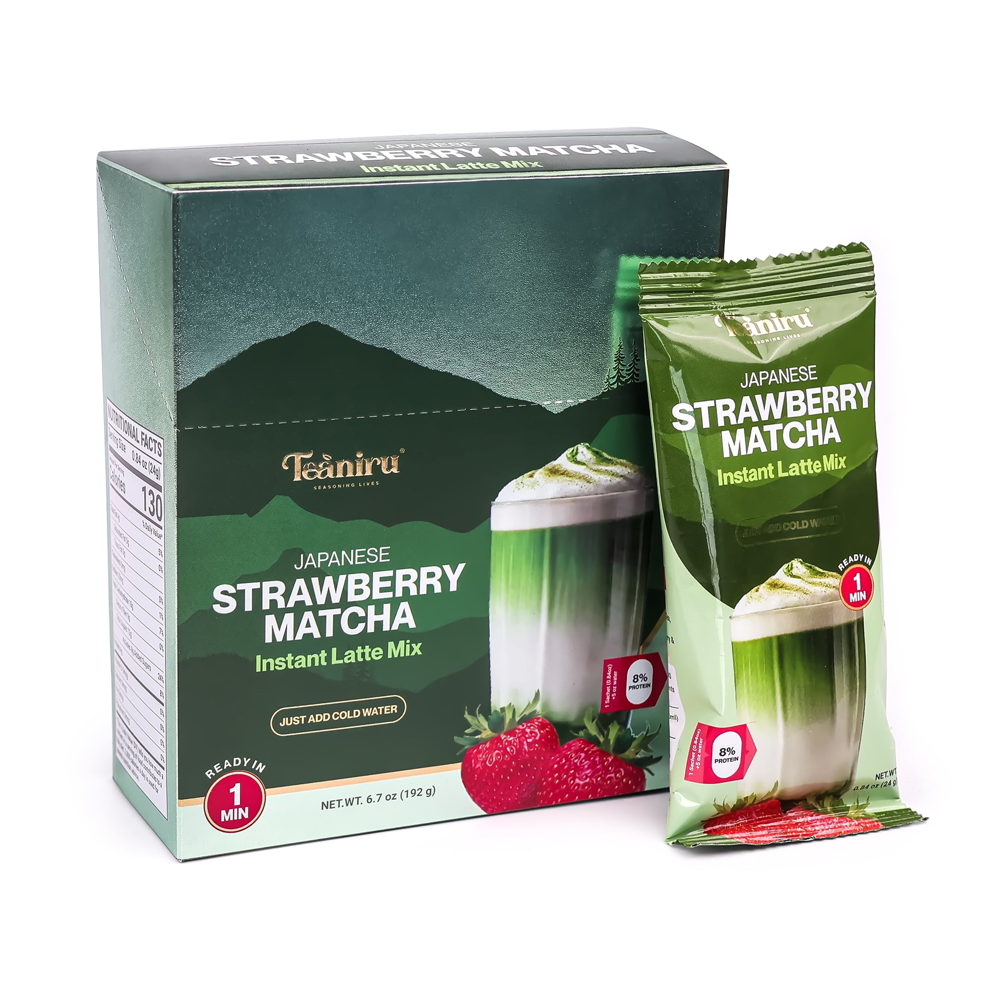 Teaniru, Japanese Strawberry Matcha - Instant Latte in Sachets | Protein - Powered Delight | Japanese Matcha & Strawberry for Energy & Focus | Rich in Vitamin C, Antioxidants & L-Theanine | 8 Sachets