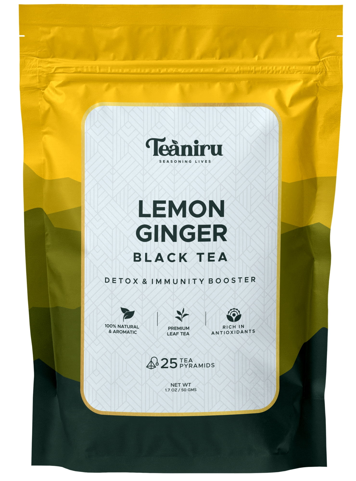 Teaniru - Lemon Ginger Black Tea - Ziplock Pouch | A Perfect Detox & Immunity Booster l 100% Natural ingredients - 25 Tea Pyramids