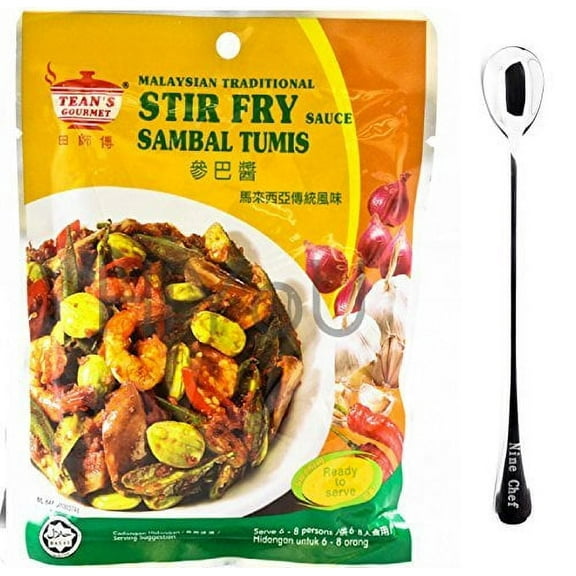 Teans Gourmet Malaysian Traditional Cuisine Stir Fry Sauce Sambal Tumis (6 Pack) Plus NineChef Brand Golden Heart Ice Tea Coffee Long Handel Spoon