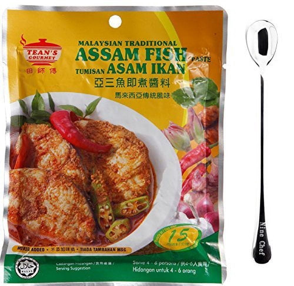 Teans Gourmet Malaysian Traditional Cuisine Tumisan Asam Ikan Assam Fish Paste (6 Pack) Plus NineChef Brand Golden Heart Ice Tea Coffee Long Handel Spoon