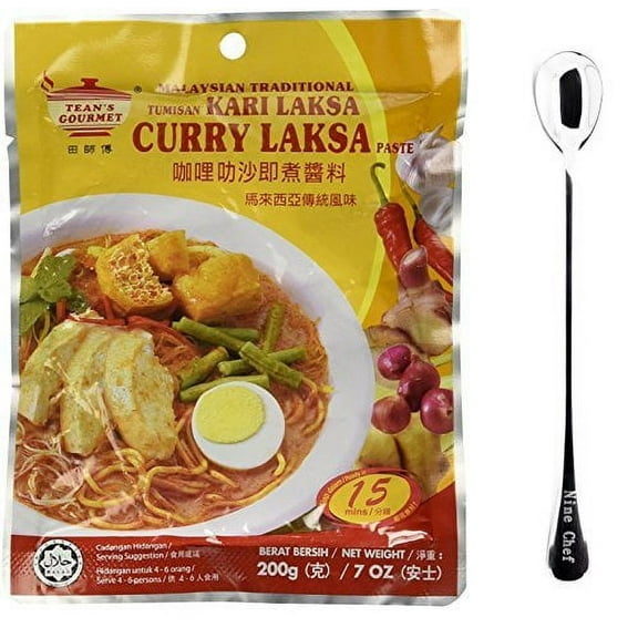 Teans Gourmet Malaysian Traditional Cuisine Tumisan Kari Laksa Curry Laksa Paste (20 Pack) Plus NineChef Brand Golden Heart Ice Tea Coffee Long Handel Spoon