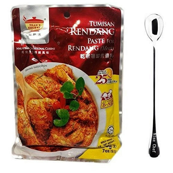 Teans Gourmet Malaysian Traditional Cuisine Tumisan Rendang Paste for Rendang (meat) (6 Pack) Plus NineChef Brand Golden Heart Ice Tea Coffee Long Handel Spoon