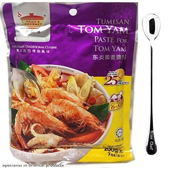 Teans Gourmet Malaysian Traditional Cuisine Tumisan Tum Yam Paste (3 Pack) Plus NineChef Brand Golden Heart Ice Tea Coffee Long Handel Spoon