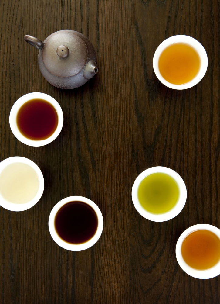 Teapot And Different Types Of Tea In Cups On A Wood Table Canvas Art - Mathieu Dupuis Design Pics (22 x 32)