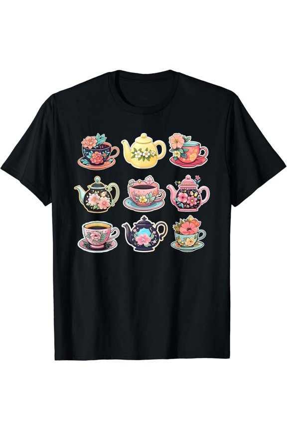 Teapot And Tea Cups With Flowers T-Shirt All Size S-5Xl