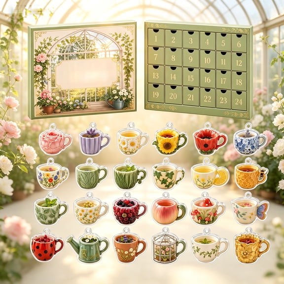 Teapot Countdown 24-Day Christmas Advent Calendar, Advent Calendar with 24 2D Acrylic Teacup Ornaments Countdown, Cozy Kitchen Holiday Collection for Tea Lovers, Kitchen Decor Fans
