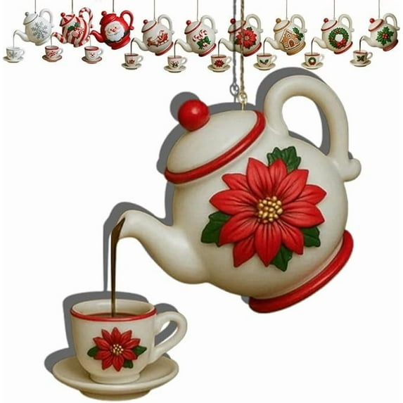 Teapot & Cup Ornament, Christmas Ornaments Coffee and Tea Gifts Ornaments for Christmas Tree, Hanging Hot Cocoa & Tea Teapot Decorative Ornaments for Holiday