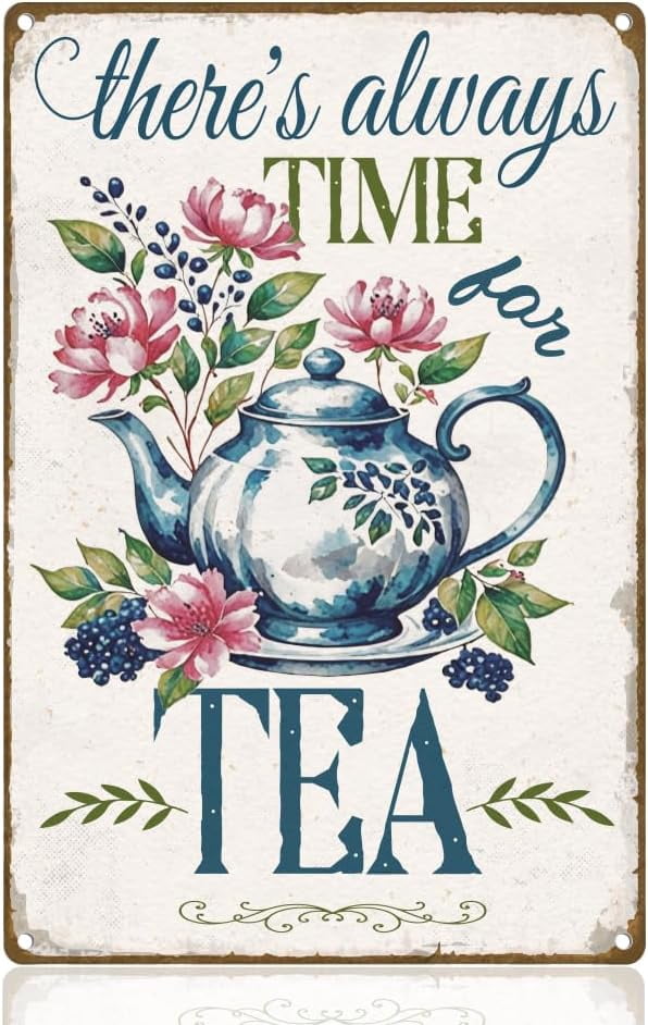 Time For Tea Sign Teapot Flower Tin Sign Retro Metal Wall Decor 8