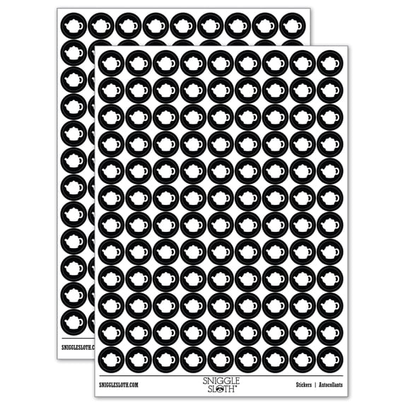 Teapot Kettle Solid 200+ Round Stickers - Black - Gloss Finish - 0.50" Size