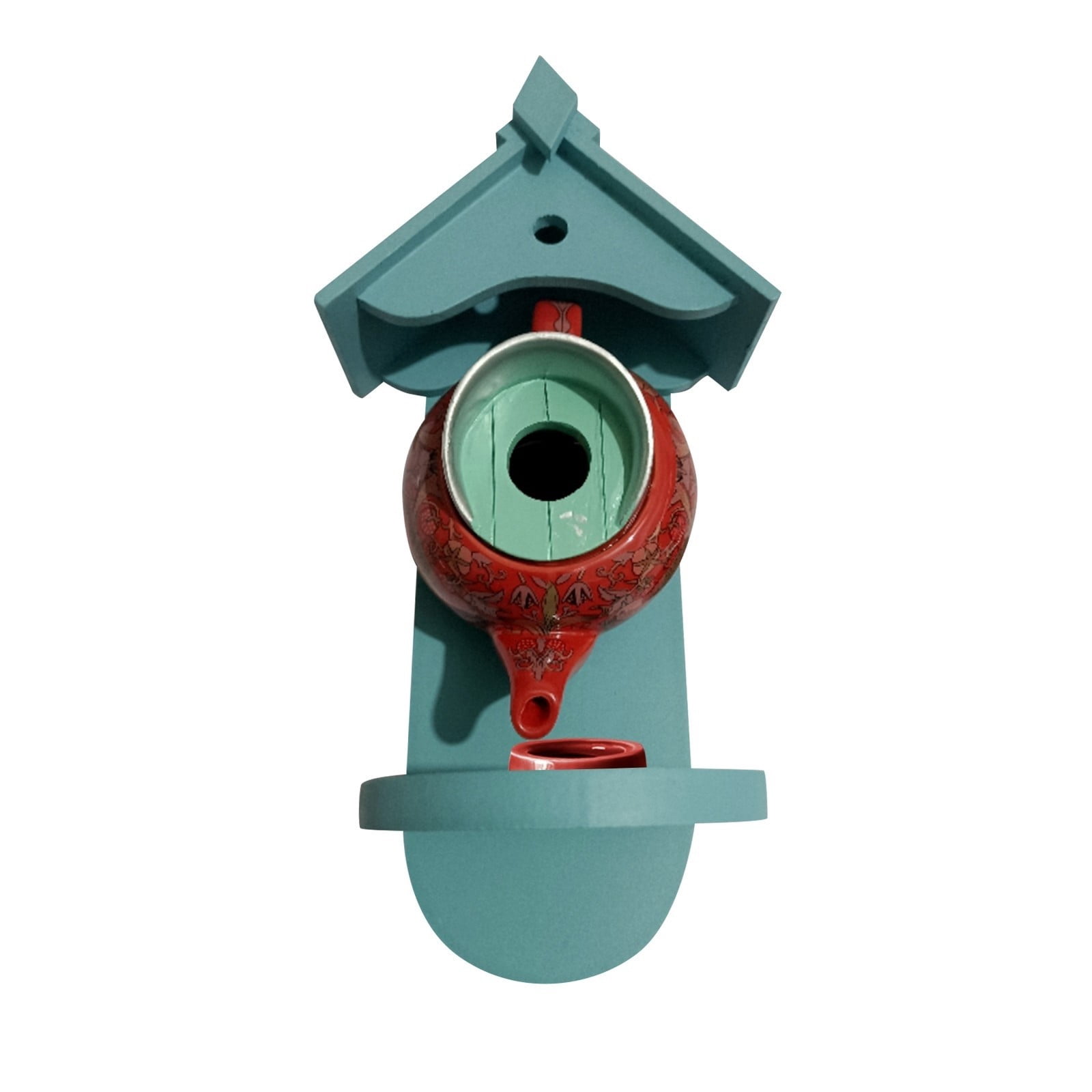 Teapot Shaped Bird Feeder, Hanging Squirrel Proof Wild Bird Feeder, Decorative Outdoor Wooden & Resin Feeder for Yard Patio Garden, Easy to Clean Bird House for Finches Sparrows,Red