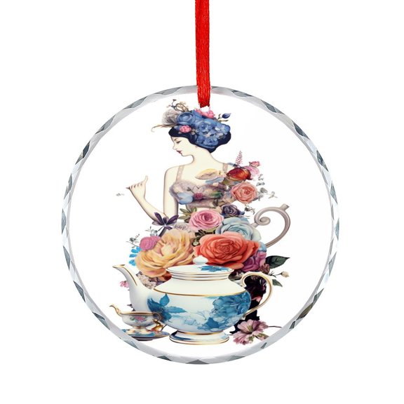 Teapot Sitting On A Set Of Teacups With Flowers Crystal Glass Christmas Ornament Rustic Cafe Bar Kitchen Christmas Decorative Hanging Ornaments Ornaments for Teacher Coworker Boss Friend Mentors