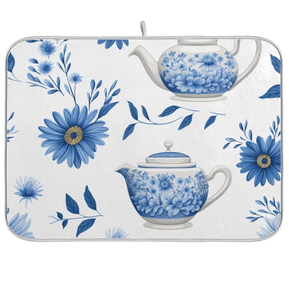 Teapot and Flowers Dish Drying Mat Microfiber Kitchen Pad Large Counter Absorbent Dish Mats Drainer Rack 16"x18"