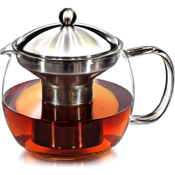 Teapot with Infuser for Loose Tea - 40oz, 3-4 Cup, Clear Glass Kettle Pot with Strainer & Warmer - For Whole Leaf, Iced Maker & Brewer