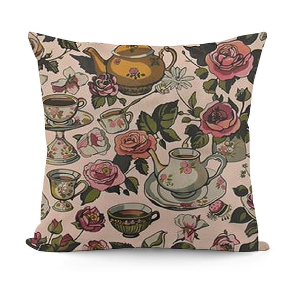 Teapots and Cups Fabric by The Yard French Style Coffee Tea Hot Drink Fabric for Kids Teens Adults Farmhouse Style Floral Rustic Leaves DIY Sewing Fabric for Sofa Chair Kids Bedroom Decor Yard