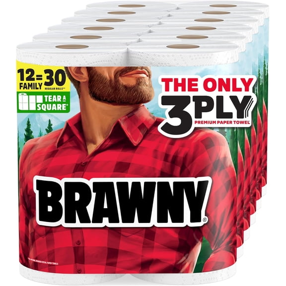 Tear-A-Square 3-Ply s, 12 XL Family Rolls = 30 Regular Rolls, Strong, Absorbent, and Durable with 3 Sheet Sizes (Quarter, Half, Full)