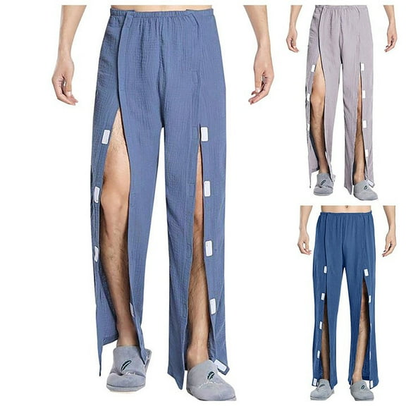 Tear Away Pants for Men & Women 2 Side Snap Open Bottom Sweatpants Loose Fit Casual Post Surgery Pant with Pockets, Blue, Size L