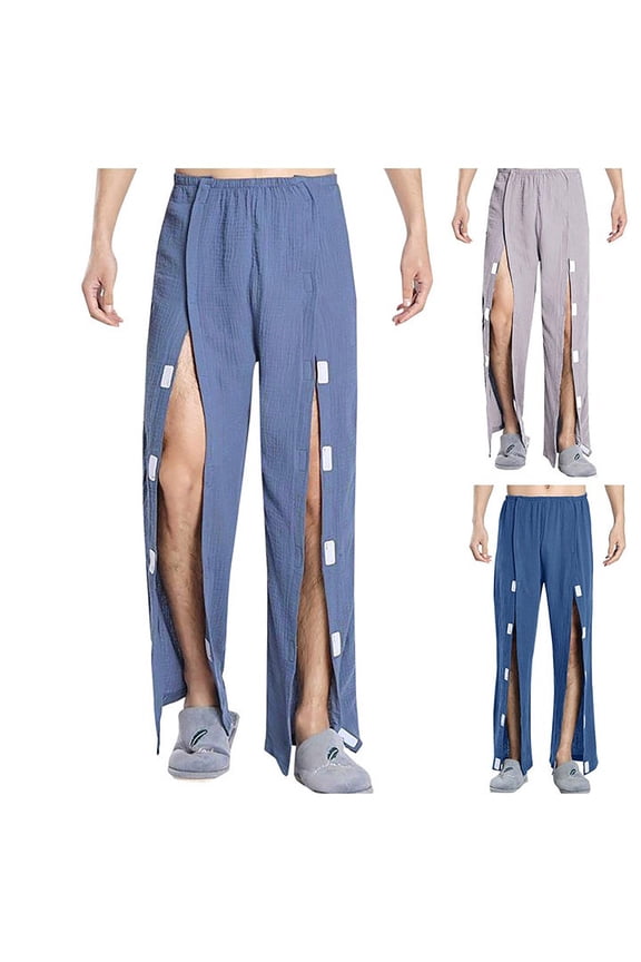 Tear Away Pants for Men & Women 2 Side Snap Open Bottom Sweatpants Loose Fit Casual Post Surgery Pant with Pockets, Blue, Size XXXL