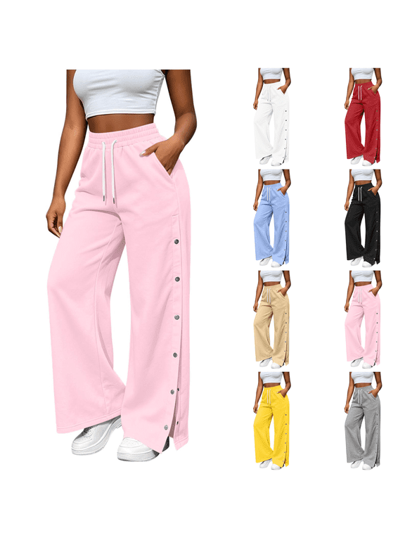 Tear Away Pants for Women Side Split Snap Open Bottom Sweatpants Leg Breakaway Post Surgery Pants with Pockets Pink S