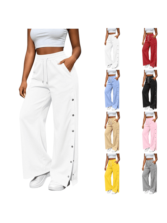 Tear Away Pants for Women Side Split Snap Open Bottom Sweatpants Leg Breakaway Post Surgery Pants with Pockets White S