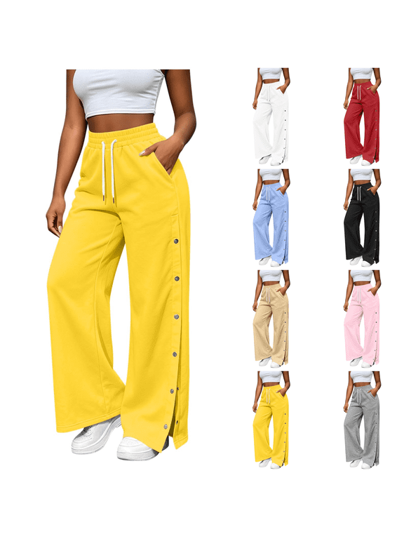 Tear Away Pants for Women Side Split Snap Open Bottom Sweatpants Leg Breakaway Post Surgery Pants with Pockets Yellow S