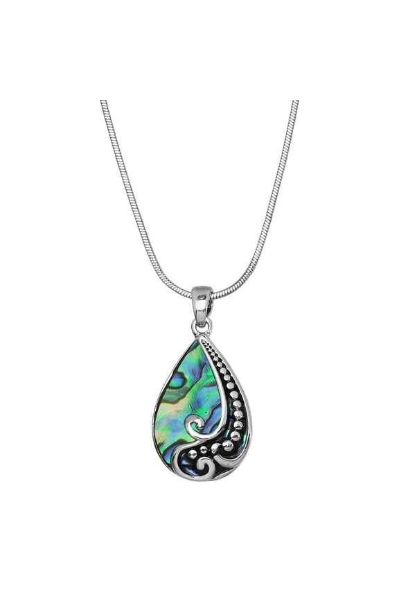 Tear Drop Abalone Shell Pendant Necklace or Earring Rhodium Plated 17 Inch Snake Chain J0437