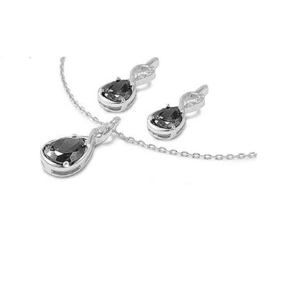 Tear Drop Black Cubic Zirconia Matching Set Sterling Silver