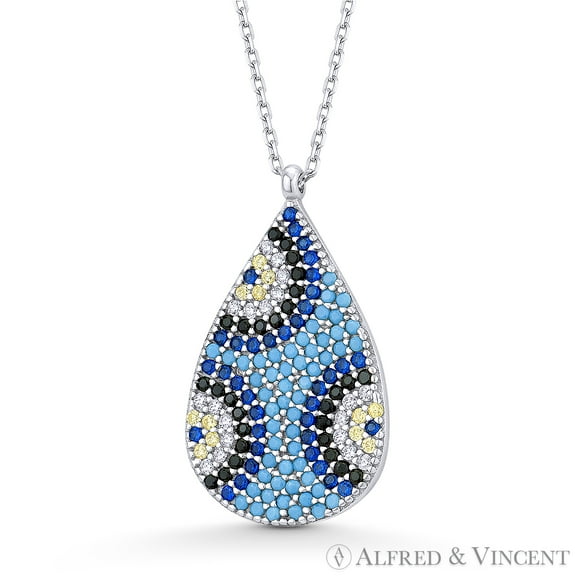 Tear-Drop Design Evil Eye Luck Charm CZ Crystal Pendant & Chain Necklace in .925 Sterling Silver
