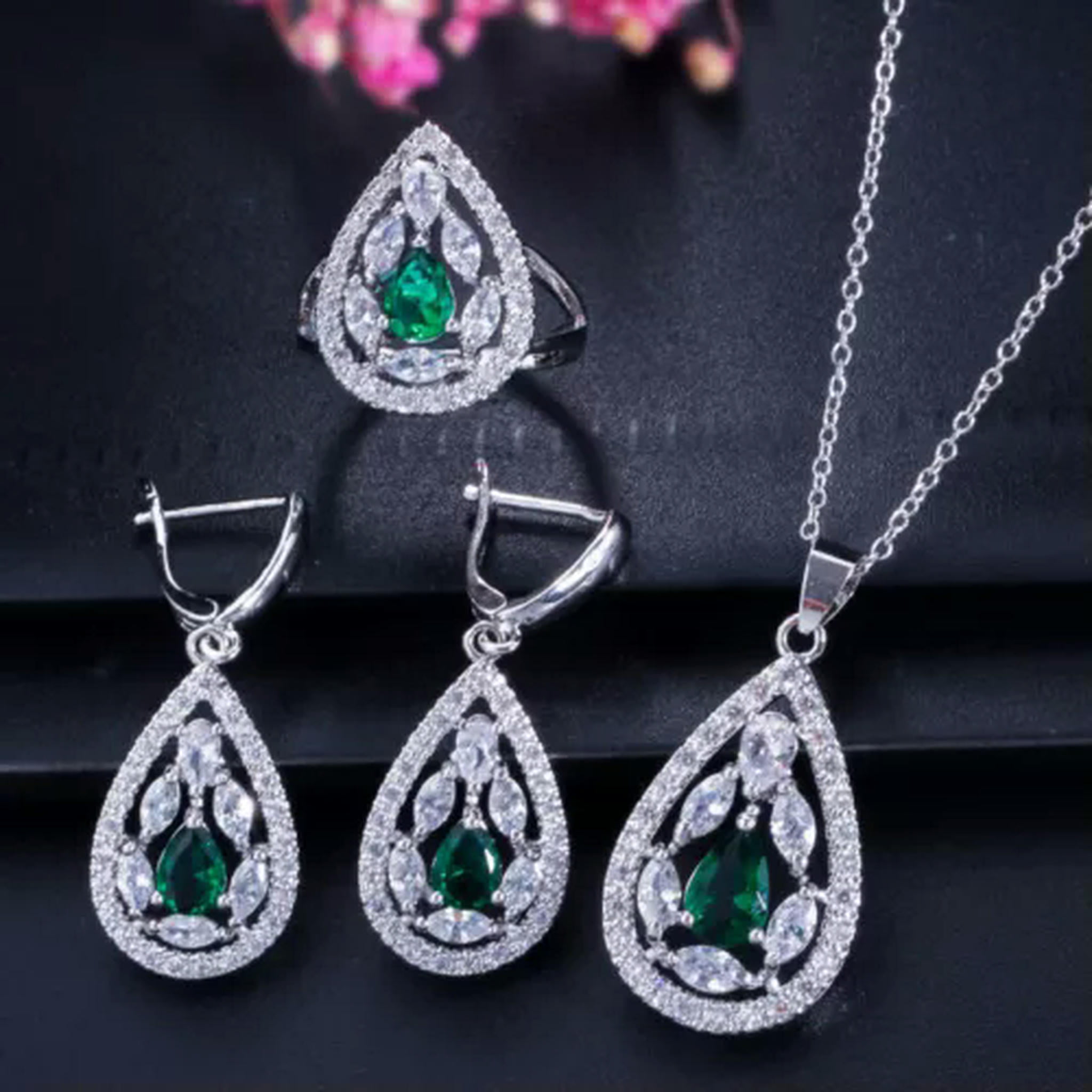 Tear Drop Huggie Earrings Necklace Ring Jewelry Set Silver Plated Green