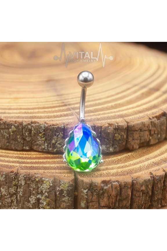 Tear Drop Navel Belly Button Ring, 14G, Colorful Gems in Heart Filigree Encasing, 316L Surgical Steel - Vital Body Jewelry