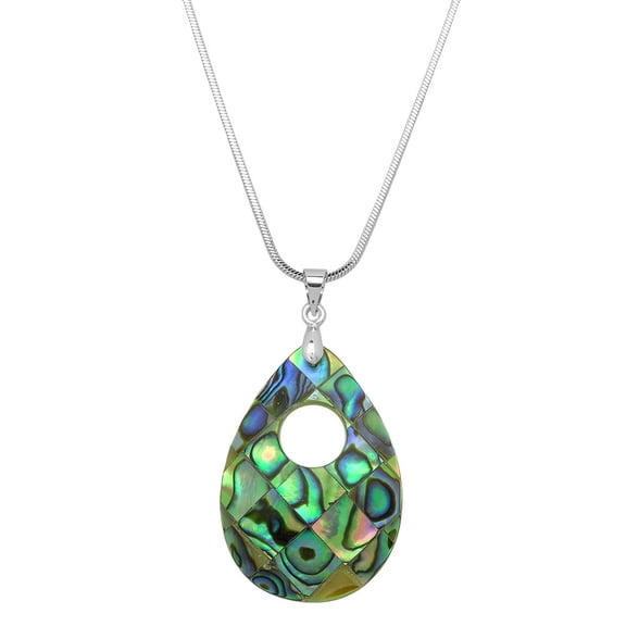 Tear Drop Shape Abalone Shell Pendant Necklace Rhodium Plated 17 Inch Snake Chain J0744