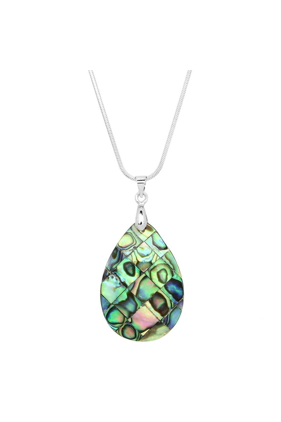 Tear Drop Shape Abalone Shell Pendant Necklace Rhodium Plated 17 Inch Snake Chain J0806