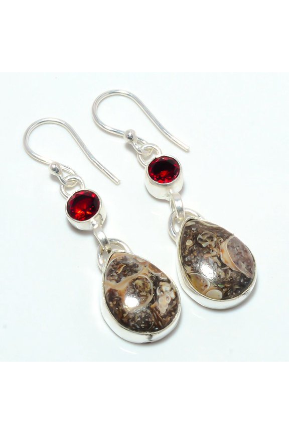 Tear Drop Turritella Fossil Agate & Garnet 925 Sterling Silver Earring 1.76" T30, Beautiful Jewelry For Woman, New Year Sale, Valentin's Day Gift