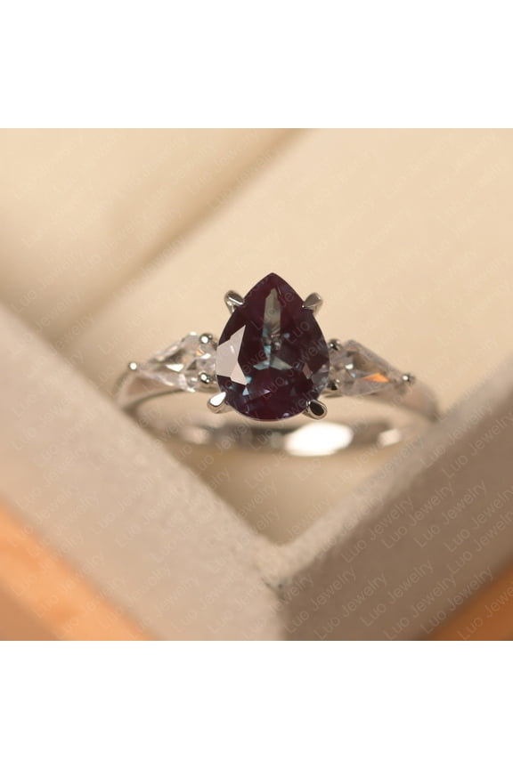 Tear drop alexandrite ring, three stone engagement ring,sterling silver, June birthstone