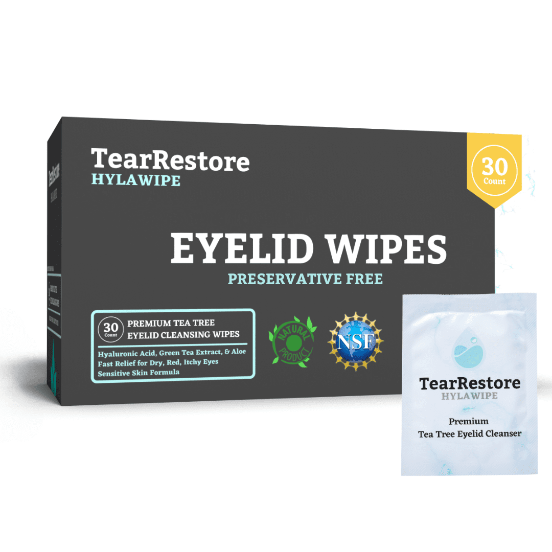 TearRestore HylaWipe Eyelid Wipes for Dry, Red, Itchy Eyes. Hypoallergenic Natural Tea Tree Cleanser, 30 Count