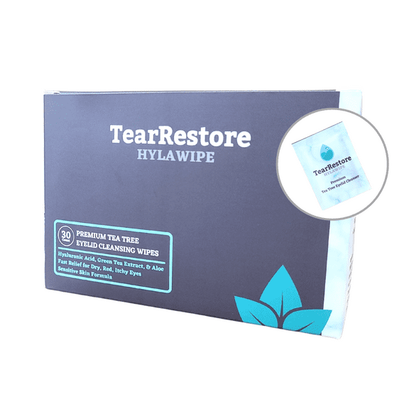 TearRestore HylaWipe Eyelid Wipes for Dry, Red, Itchy Eyes. Hypoallergenic Natural Tea Tree Cleanser, 30 Count