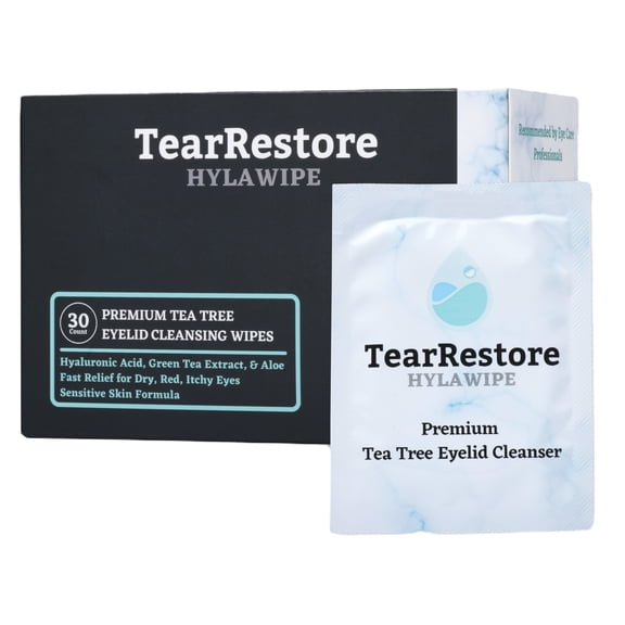 TearRestore HylaWipe Eyelid Wipes for Dry, Red, Itchy Eyes. Hypoallergenic Natural Tea Tree Cleanser, 30 Count
