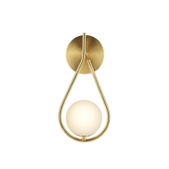 Kenroy Home Teardrop 12'' 1-Light Wall Sconce with White Glass Globe Shade Transitional Wall Light Fixture for Living Room, Bedroom, Stairway, or Hallway, Brushed Gold