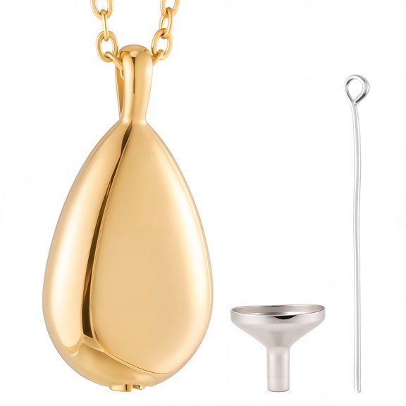 Teardrop 201 Stainless Steel Memorial Urn Ashes Pendant Necklaces with 304 Stainless Steel Mini Funnel Golden Necklaces: 21.65 inch(55cm)